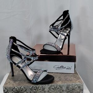 Women's Black and Silver Strappy Heels